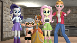 Size: 3840x2160 | Tagged: safe, artist:leansworld, derpibooru import, big macintosh, fluttershy, rarity, human, equestria girls, 3d, female, fluttermac, high res, looking at you, male, marie (splatoon), nintendo switch, princess daisy, shipping, source filmmaker, splatoon, straight, super mario bros., waving