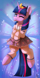 Size: 784x1524 | Tagged: safe, artist:dinoalpaka, derpibooru import, twilight sparkle, unicorn twilight, pony, unicorn, ;p, clothes, female, looking at you, mare, on back, one eye closed, pajamas, patreon, patreon reward, smiling, smiling at you, solo, tongue, tongue out, wink, winking at you