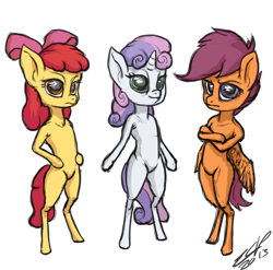 Size: 900x890 | Tagged: safe, artist:assasinmonkey, derpibooru import, apple bloom, scootaloo, sweetie belle, semi-anthro, cutie mark crusaders, female, filly