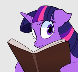 Size: 927x851 | Tagged: safe, artist:melligine, derpibooru import, twilight sparkle, unicorn twilight, pony, unicorn, book, concerned, ears, floppy ears, frown, looking at you, reaction image, solo, twilight is not amused, unamused