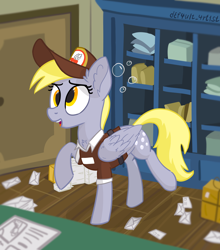 Size: 4000x4549 | Tagged: safe, artist:d3f4ult_4rt1st, derpibooru import, derpy hooves, pegasus, pony, blurry background, box, bubble, cabinet, chest fluff, cross-eyed, cute, derpabetes, ear fluff, ears, female, hat, letter, mailmare, mailmare hat, mailmare uniform, mare, newspaper, open mouth, post office, raised hoof, raised leg, solo, wing fluff, wings