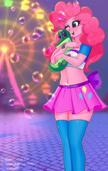 Size: 1245x1968 | Tagged: safe, artist:xjenn9, derpibooru import, gummy, pinkie pie, equestria girls, belly button, blushing, bubble, clothes, commission, happy, hug, midriff, one eye closed, skirt, smiling, socks, stockings, thigh highs, top