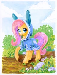 Size: 949x1233 | Tagged: safe, artist:maytee, derpibooru import, fluttershy, pegasus, pony, bunny ears, bush, clothes, cloud, costume, cute, daaaaaaaaaaaw, female, flower, hood, hoodie, looking at you, mare, marker drawing, raised hoof, raised leg, shyabetes, smiling, solo, traditional art