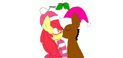 Size: 1520x720 | Tagged: safe, derpibooru import, apple bloom, oc, oc:ladainian otis, blushing, canon x oc, clothes, eyes closed, female, hat, kissing, ladainianbloom, male, mistletoe, scarf, shipping, shocked eyes, straight