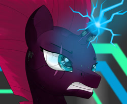 Size: 1280x1048 | Tagged: safe, artist:zocidem, derpibooru import, tempest shadow, cyborg, pony, unicorn, augmented, cannon, charging, cyberpunk, eye scar, female, gritted teeth, horn, lightning, magic, magic weapon, mare, scar, solo, tempest gets her horn back