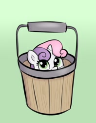 Size: 1492x1892 | Tagged: safe, artist:heretichesh, derpibooru import, sweetie belle, pony, unicorn, bucket, cute, diasweetes, female, filly, green background, pony in a bucket, simple background, solo