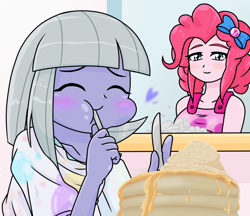 Size: 740x640 | Tagged: safe, artist:batipin, derpibooru import, limestone pie, pinkie pie, equestria girls, blushing, cute, eating, equestria girls-ified, eyes closed, food, limabetes, pancakes, smiling, when she smiles