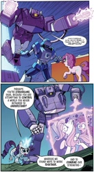 Size: 720x1315 | Tagged: safe, artist:caseycoller, artist:jack lawrence, derpibooru import, idw, fluttershy, pinkie pie, rarity, earth pony, pegasus, pony, unicorn, spoiler:comic, spoiler:friendship in disguise02, spoiler:the magic of cybertron04, energon, exosuit, female, mare, shockwave, transformers
