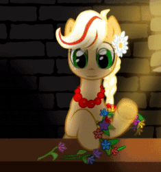 Size: 275x293 | Tagged: safe, artist:ailish, oc, oc:poppy seed (mec), pony, animated, braid, cute, flower, flower in hair, gif, mascot, middle equestrian convention, not applejack, poland, silly, tongue, tongue out, youtube link
