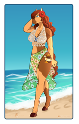 Size: 2269x3569 | Tagged: safe, artist:blackblood-queen, oc, oc only, oc:honeypot meadow, anthro, earth pony, unguligrade anthro, anthro oc, beach, beauty mark, bikini, blaze (coat marking), clothes, coat markings, commission, digital art, earth pony oc, facial markings, female, flower, flower in hair, mare, signature, sky, smiling, solo, swimsuit, two-piece swimsuit, water, wave