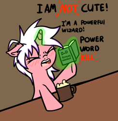 Size: 848x870 | Tagged: safe, artist:neuro, oc, oc only, pony, unicorn, alcohol, blatant lies, blushing, cute, dialogue, dungeons and dragons, ears, female, floppy ears, horn, magic, mare, mug, open mouth, pen and paper rpg, raised hoof, raised leg, rpg, solo, telekinesis, unicorn oc, yelling