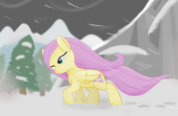 Size: 1280x832 | Tagged: safe, artist:sylphanscribe, derpibooru import, fluttershy, earth pony, pegasus, blizzard, one eye closed, snow, snowfall, solo, windswept mane