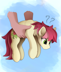 Size: 1810x2140 | Tagged: safe, artist:yakovlev-vad, derpibooru import, roseluck, earth pony, human, pony, behaving like a cat, behaving like a dog, confused, cute, cuteluck, disembodied hand, female, hand, holding a pony, it's dangerous to go alone, mare, offscreen character, question mark, rosepet