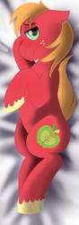 Size: 2100x6000 | Tagged: safe, artist:dicemarensfw, derpibooru import, big macintosh, earth pony, pony, bed, cute, dakimakura cover, freckles, high res, looking at you, lying down, lying on bed, macabetes, male, on bed, sexy, smiling, smiling at you, smirk, solo, stallion