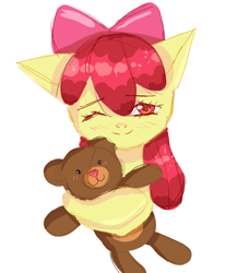 Size: 1469x1784 | Tagged: artist needed, safe, derpibooru import, apple bloom, blushing, female, filly, one eye closed, smiling, solo, teddy bear, wink