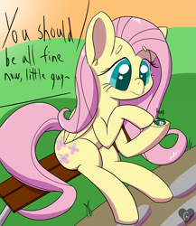 Size: 3479x4000 | Tagged: safe, artist:gnashie, derpibooru import, fluttershy, beetle, insect, pegasus, bandage, bench, boop, cute, daaaaaaaaaaaw, dialogue, shyabetes, sitting, smiling, text