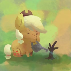 Size: 1024x1024 | Tagged: safe, artist:catscratchpaper, derpibooru import, applejack, earth pony, pony, abstract background, mouth hold, solo, tree, watering can