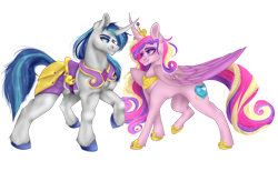 Size: 1280x790 | Tagged: safe, alternate version, artist:copshop, derpibooru import, princess cadance, shining armor, pony, female, horn, horns are touching, looking at each other, male, shiningcadance, shipping, simple background, straight, transparent background