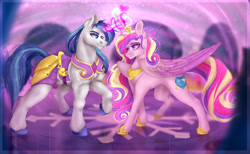 Size: 1280x790 | Tagged: safe, artist:copshop, derpibooru import, princess cadance, shining armor, pony, armor, magic