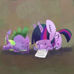 Size: 2048x2048 | Tagged: safe, artist:catscratchpaper, derpibooru import, spike, twilight sparkle, twilight sparkle (alicorn), alicorn, dragon, pony, abstract background, duo, lying down, paper, pencil, prone