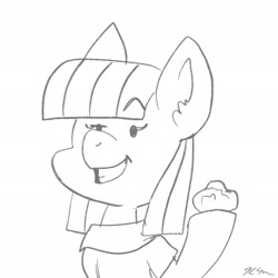 Size: 2048x2048 | Tagged: safe, artist:catscratchpaper, derpibooru import, boulder (pet), maud pie, earth pony, pony, grin, monochrome, out of character, simple background, smiling, solo, when she smiles, white background