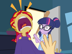 Size: 1320x1000 | Tagged: safe, artist:dm29, derpibooru import, sci-twi, sunset shimmer, twilight sparkle, equestria girls, back to the future part 2, baseball bat, clothes, emanata, offscreen character, pajamas, pov, uvula, volumetric mouth, yelling