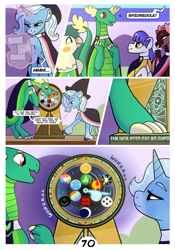 Size: 2100x3000 | Tagged: safe, artist:loryska, derpibooru import, trixie, oc, oc:bredbeddle, dragon, earth pony, griffon, pony, unicorn, comic:friendship grows, roulette