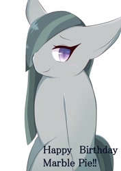 Size: 1191x1684 | Tagged: safe, artist:sc_kis_rko, derpibooru import, marble pie, earth pony, pony, female, hair over one eye, happy birthday, mare, simple background, solo, white background