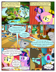 Size: 612x792 | Tagged: safe, artist:newbiespud, derpibooru import, edit, edited screencap, screencap, fluttershy, harry, rainbow dash, twilight sparkle, unicorn twilight, bear, mouse, pegasus, pony, unicorn, comic:friendship is dragons, magical mystery cure, angry, comic, dialogue, element of magic, female, fluttershy's cottage, fork, gritted teeth, mare, open mouth, raised hoof, raised leg, screencap comic