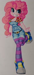 Size: 1710x3796 | Tagged: safe, artist:shadowhawx, derpibooru import, pinkie pie, equestria girls, breasts, cleavage, clothes, grin, happy, looking at you, overalls, pencil drawing, smiling, socks, solo, striped legwear, thigh highs, traditional art
