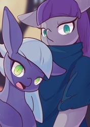 Size: 849x1200 | Tagged: safe, artist:sc_kis_rko, derpibooru import, limestone pie, maud pie, earth pony, pony, semi-anthro, clothes, duo, ears, female, floppy ears, frown, mare, siblings, sisters