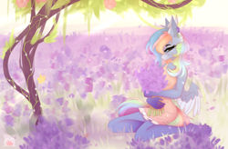 Size: 4598x3024 | Tagged: safe, artist:elektra-gertly, derpibooru import, oc, anthro, butterfly, pegasus, unguligrade anthro, clothes, dress, field, flower, flower in hair, lavender, solo, tree