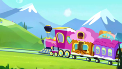 Size: 1280x727 | Tagged: safe, derpibooru import, screencap, equestria games (episode), background, friendship express, hill, mountain, no pony, scenery, scenic ponyville, train