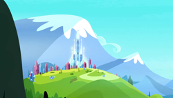 Size: 1280x727 | Tagged: safe, derpibooru import, screencap, equestria games (episode), background, crystal, crystal empire, hill, mountain, no pony, scenery, scenic ponyville, tree