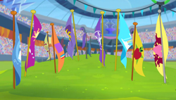 Size: 1280x727 | Tagged: safe, derpibooru import, screencap, equestria games (episode), background, cloudsdale flag, crowd, crystal empire, crystal empire flag, flag, flags of equestrian regions, griffonstone flag, ponyville flag, scenic ponyville, stadium