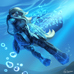 Size: 3000x3000 | Tagged: safe, artist:jedayskayvoker, derpibooru import, oc, oc only, oc:sea glow, pegasus, pony, bubble, diving, flippers, rebreather, scuba, scuba gear, scuba mask, solo, underwater, wetsuit