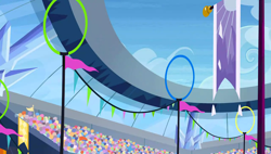 Size: 1280x727 | Tagged: safe, derpibooru import, screencap, equestria games (episode), background, banner, cloud, crowd, crystal empire, scenic ponyville, stadium