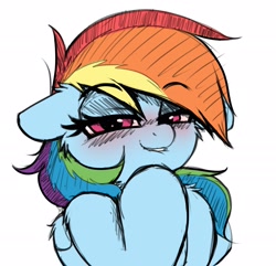 Size: 2048x1975 | Tagged: safe, artist:heavymetalbronyyeah, derpibooru import, rainbow dash, pegasus, pony, colored sketch, ears, floppy ears, lidded eyes, lip bite, looking at you, smiling