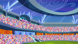 Size: 1280x727 | Tagged: safe, derpibooru import, screencap, princess cadance, princess celestia, princess luna, equestria games (episode), background, cloud, crowd, crystal empire, flag, scenic ponyville, stadium