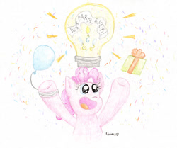 Size: 1024x855 | Tagged: safe, artist:kirbyliscious, derpibooru import, pinkie pie, earth pony, pony, balloon, cute, idea, lightbulb, open mouth, open smile, present, smiling, solo, sparkly eyes, traditional art, wingding eyes