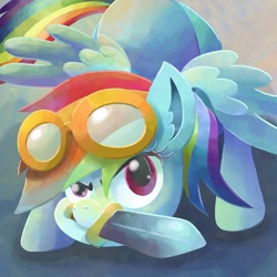 Size: 2048x2048 | Tagged: safe, artist:catscratchpaper, derpibooru import, rainbow dash, pegasus, pony, goggles, mouth hold, solo, sword, weapon