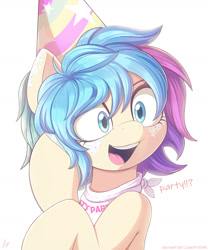 Size: 2000x2400 | Tagged: safe, artist:pyropk, derpibooru import, oc, oc only, pony, hat, open mouth, open smile, party hat, simple background, smiling, solo