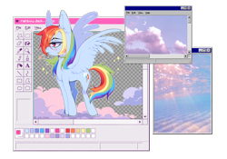 Size: 1866x1308 | Tagged: safe, artist:kitten-in-the-jar, derpibooru import, rainbow dash, pegasus, pony, '90s, aesthetic, blushing, chest fluff, ear fluff, ears, female, mare, ms paint, profile, solo, spread wings, straw in mouth, wings