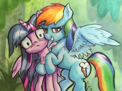 Size: 2048x1536 | Tagged: safe, artist:kittyhawk-contrail, derpibooru import, rainbow dash, twilight sparkle, twilight sparkle (alicorn), alicorn, pegasus, pony, daring don't, bedroom eyes, chest fluff, duo, duo female, female, hug, scene interpretation