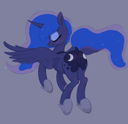 Size: 5457x5302 | Tagged: safe, artist:parfait, derpibooru import, princess luna, alicorn, pony, both cutie marks, butt, butt freckles, dock, eyes closed, featureless crotch, female, freckles, mare, moonbutt, simple background, smiling, solo, spread wings, wings