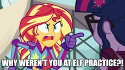 Size: 888x499 | Tagged: safe, derpibooru import, edit, edited screencap, screencap, sci-twi, sunset shimmer, twilight sparkle, equestria girls, friendship games, angry, caption, exploitable meme, image macro, meme, rudolph the red nosed reindeer, sunset yells at twilight, text