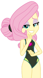 Size: 1024x1850 | Tagged: safe, artist:emeraldblast63, derpibooru import, fluttershy, equestria girls, alternate hairstyle, clothes, female, legs together, looking at you, one-piece swimsuit, simple background, sleeveless, solo, swimsuit, teeth, transparent background, vector