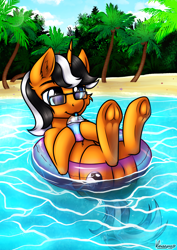 Size: 3508x4961 | Tagged: safe, alternate version, artist:kruszyna25, derpibooru import, oc, oc:ever harmon, beach, frog (hoof), glasses, inflatable, milkshake, ocean, transparent, underhoof, water