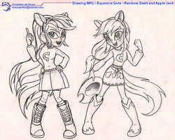 Size: 1200x960 | Tagged: safe, artist:elinewton, derpibooru import, applejack, rainbow dash, human, equestria girls, equestria girls (movie), boots, clothes, duo, duo female, female, fist, hat off, headphones, holding hat, open mouth, open smile, pencil drawing, pigeon toed, pointing, raised arm, shoes, skirt, smiling, standing, sweater, tail, traditional art, watermark, wondercolt ears, wondercolts uniform