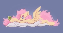 Size: 1045x548 | Tagged: safe, artist:draw__3, derpibooru import, fluttershy, pegasus, pony, 3ds, blue background, cute, daaaaaaaaaaaw, dsi, female, mare, nintendo ds, nintendo ds lite, nintendogs, pillow, prone, shyabetes, simple background, solo